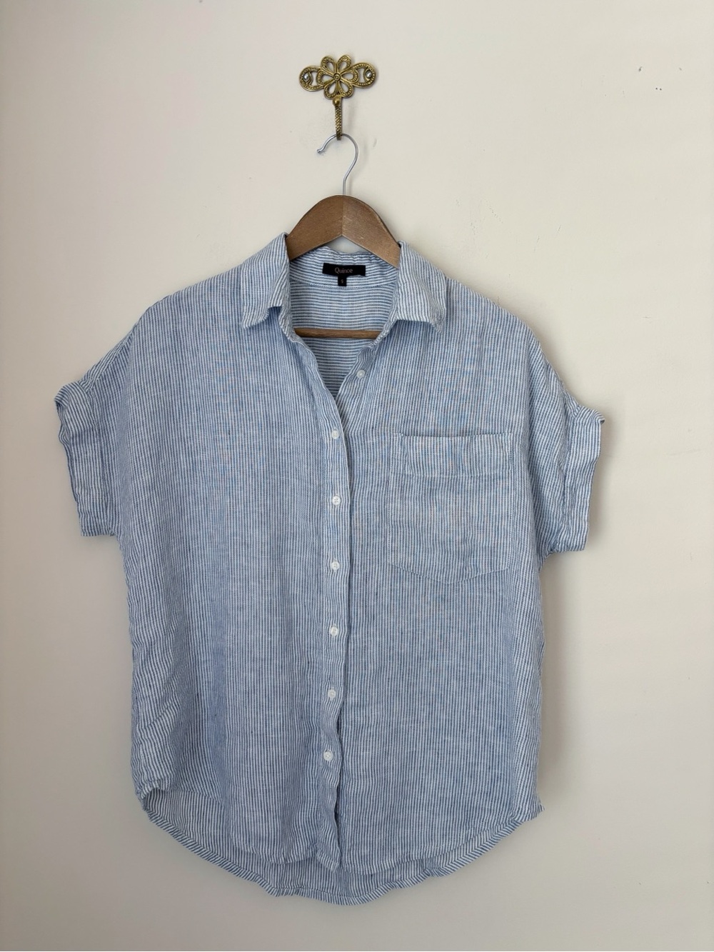 Quince Blue Pinstripe 100% European Linen Camp Shirt Small